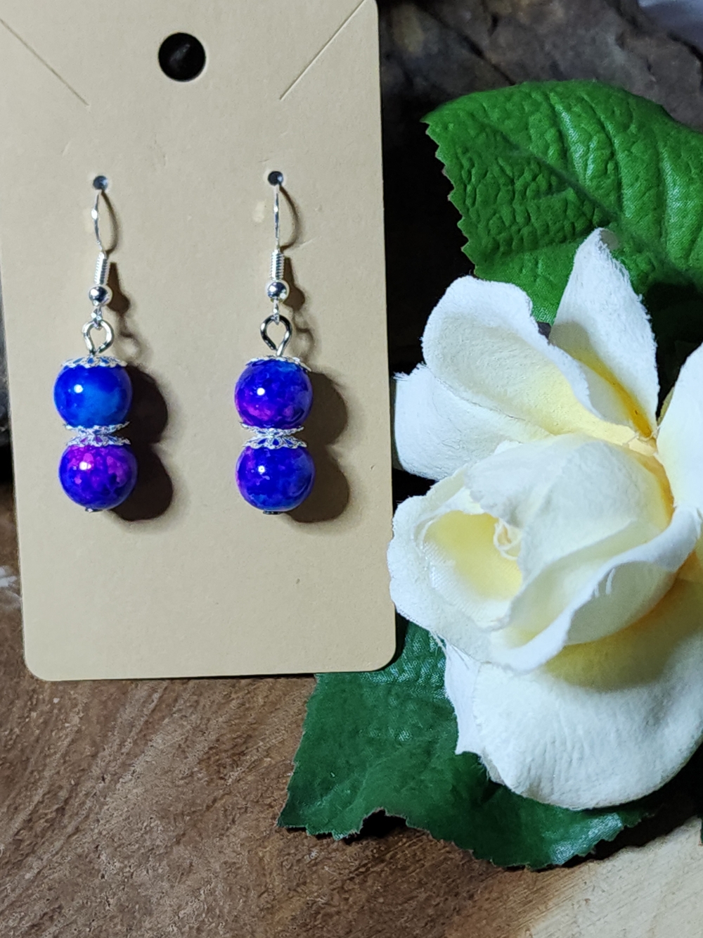 Hand Crafted Violet-Blue & Pink Glass Bead Drop Earrings